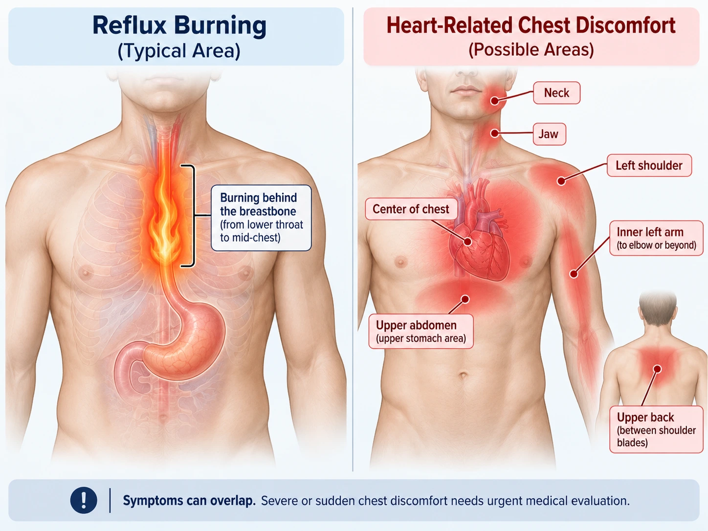 Illustration comparing reflux burning and heart-related chest discomfort